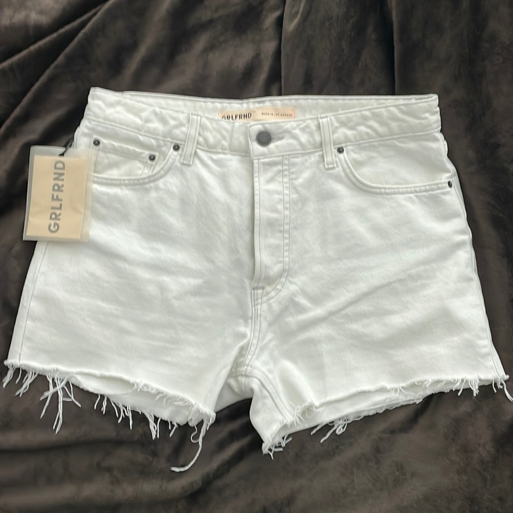 GRLFRND White High Rise Denim Cut Off Shorts